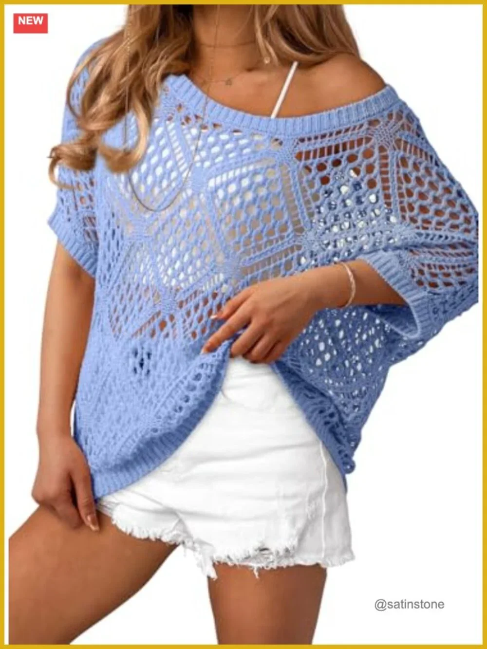 Crochet Cover Up Top Short Sleeve Off Shoulder Sweater Beach Swimsuit Coverup